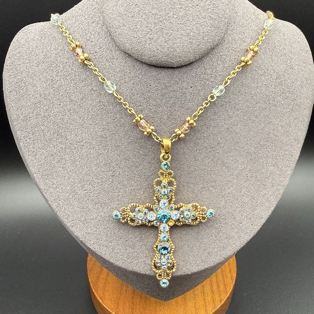 Vintage Nina Ricci Avon Blue Rhinestone Cross Pendant Station Necklace Statement
